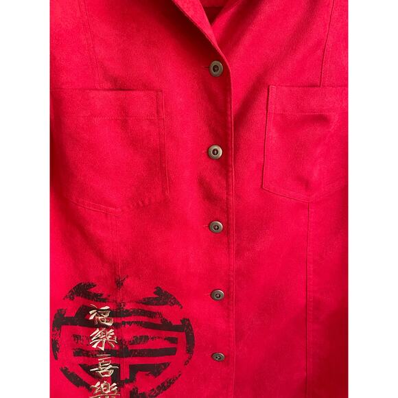 Chico’s Red Button Up Top Sz M Embroidered Asian Inspired Long Sleees Whimsical - Picture 4 of 12